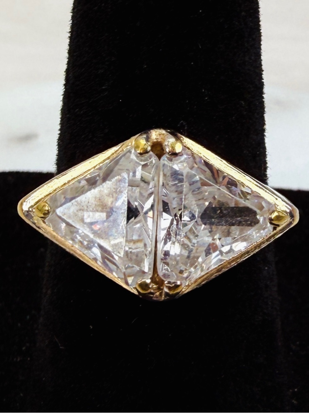 Vintage Goldtone Double Trillion Clear Stone Statement Ring Size 6
